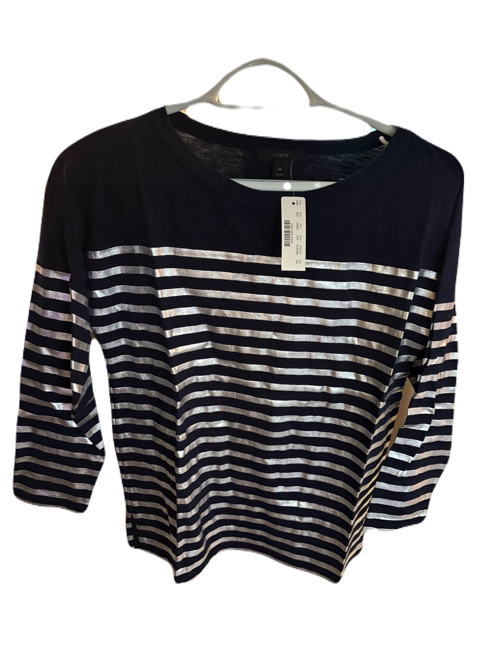 J. Crew Navy Top with Metallic Silver Stripes